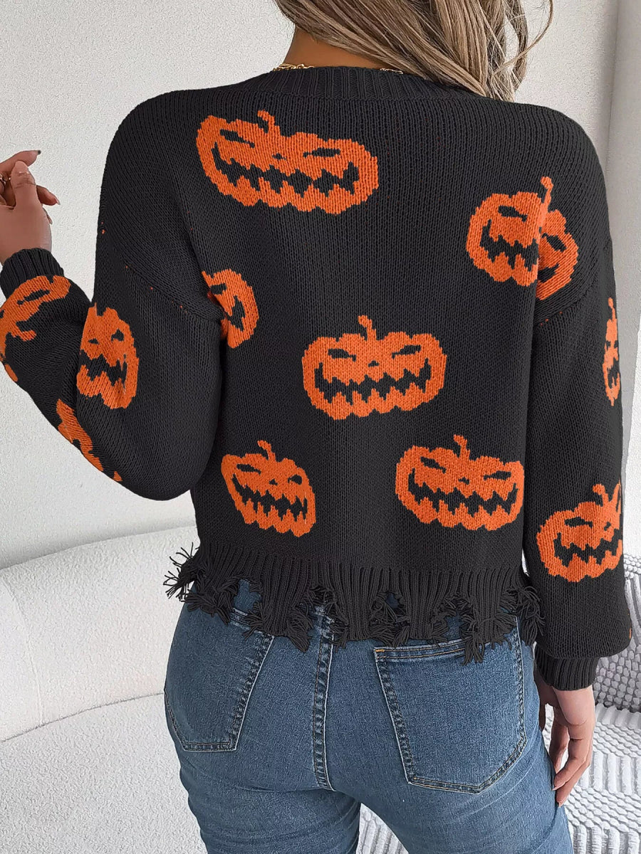 Halloween Pumpkin Pattern Raw Hem V - Neck Sweater - CELIVINE