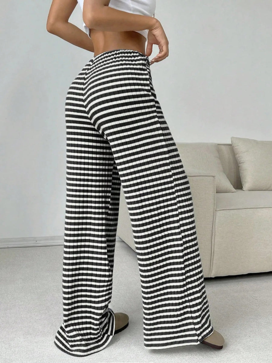 Striped Wide Leg Drawstring Pants - CELIVINE