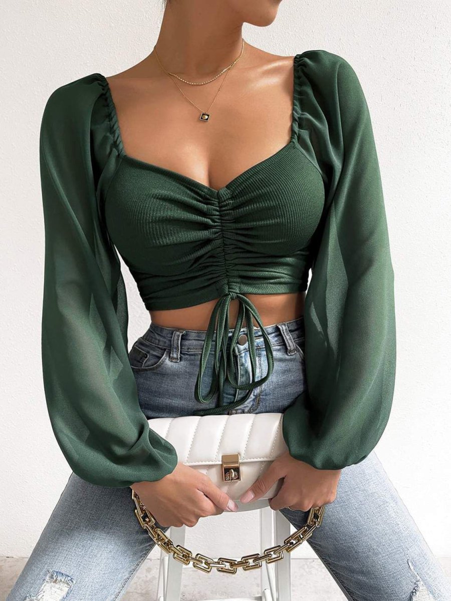 Drawstring Sweetheart Neck Cropped Top - CELIVINE