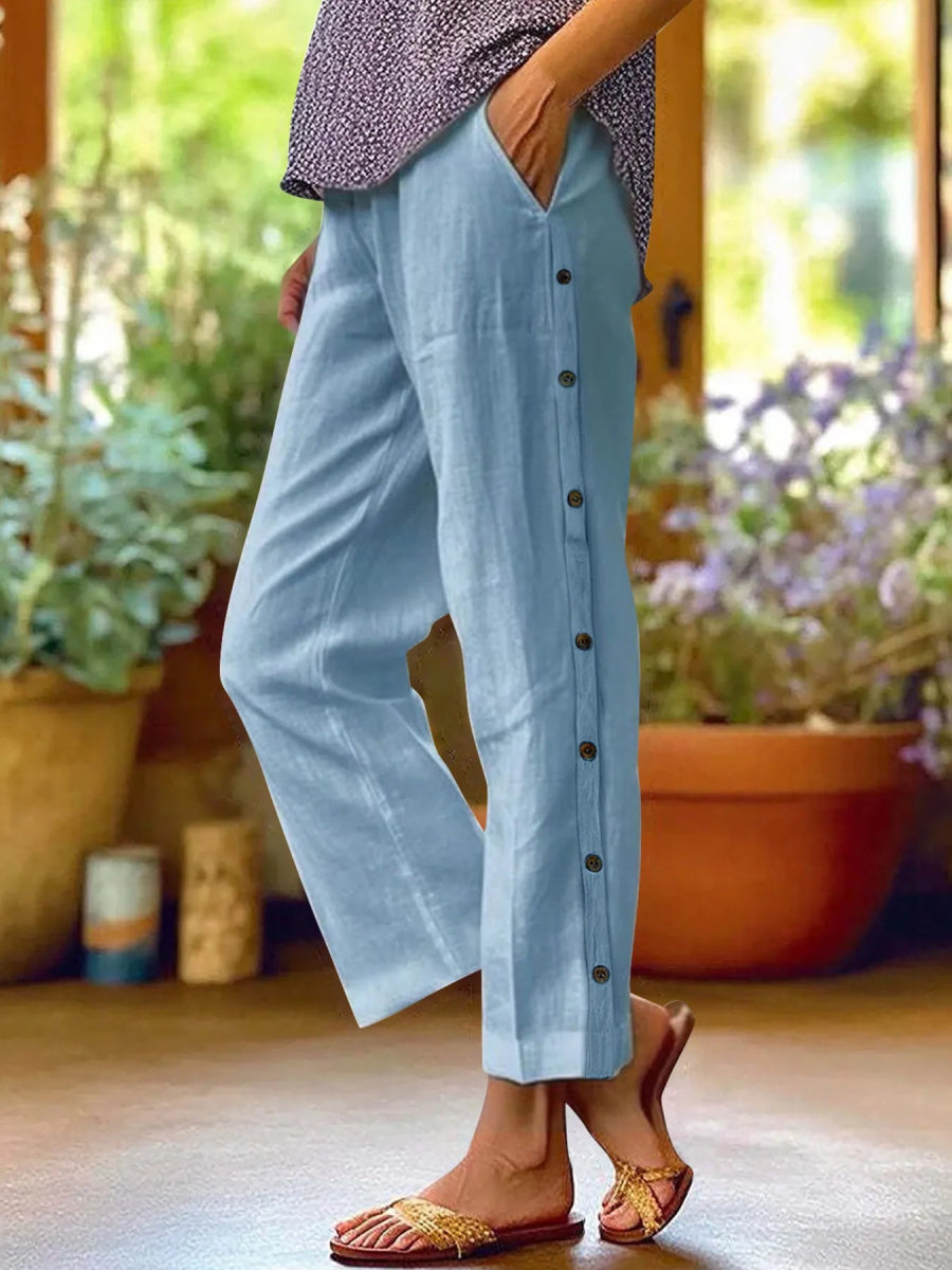 Full Size Side Decor Button Casual Wide Leg Pants Plus Size - CELIVINE