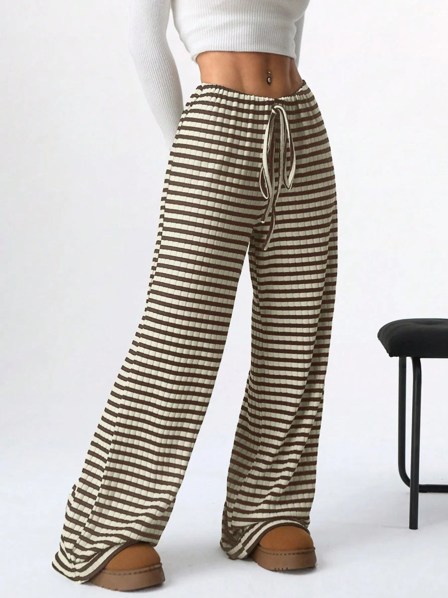 Striped Wide Leg Drawstring Pants - CELIVINE