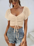 Drawstring Short Sleeve Crop Top - CELIVINE