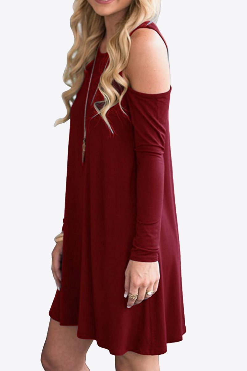 Cold - Shoulder Long Sleeve Round Neck Dress - CELIVINE