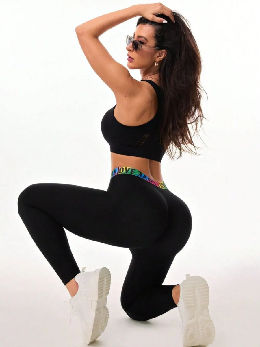 Letter Printed High Waist Active Leggings - CELIVINE