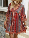 Lace Trim Printed V - Neck 3/4 Sleeve Dress - CELIVINE