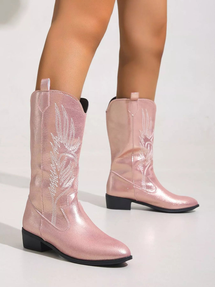 Embroidered Block Heels Boots - CELIVINE