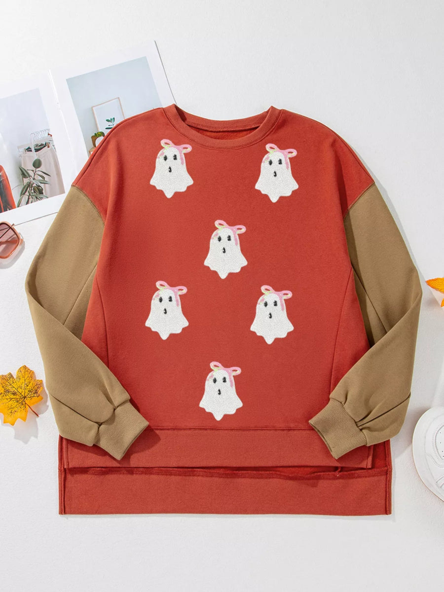 Halloween Glitter Ghost Patched Pattern Color Block Sweatshirt - CELIVINE