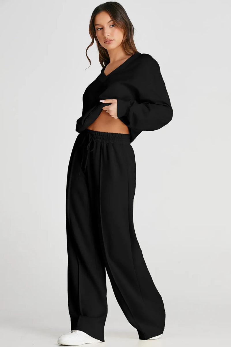 V - Neck Long Sleeve Top and Pants Active Set - CELIVINE