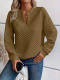 Quilted Texture Long Sleeve Sweatshirt with Notched Neck - CELIVINE
