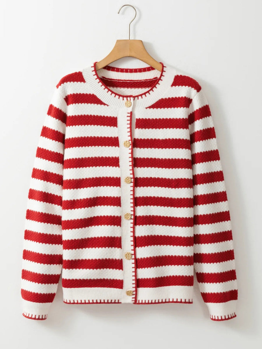 Button Down Striped Long Sleeve Cardigan - CELIVINE