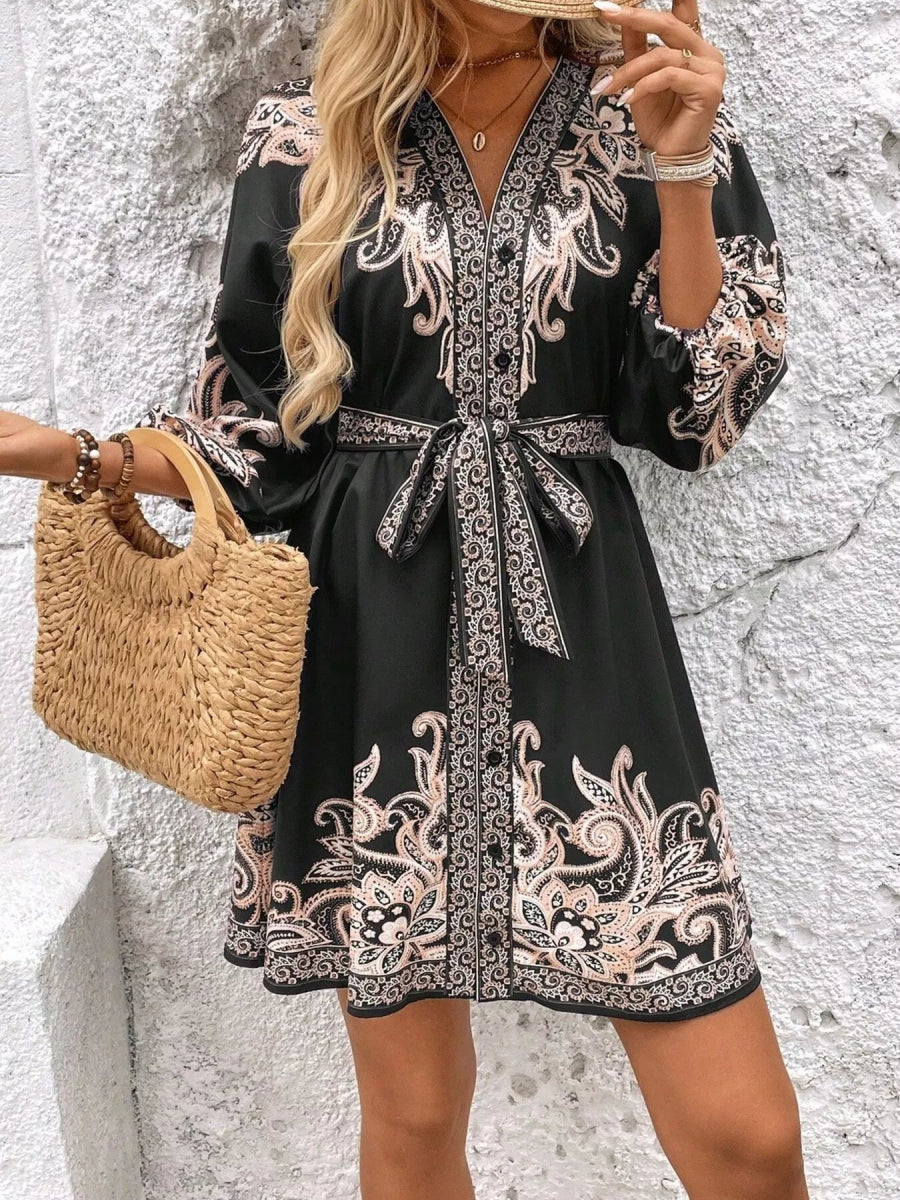 Printed Balloon Sleeve Mini Dress - CELIVINE