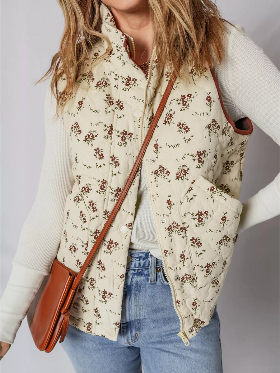Floral Print Zip Up Quilted Vest - CELIVINE