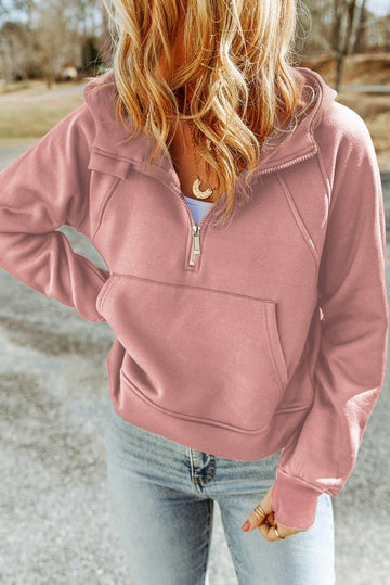 Half - Zip Thumbhole Sleeve Hoodie - CELIVINE