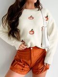 Halloween Pumpkin Embroidered Round Neck Long Sleeve Sweater - CELIVINE
