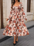 Smocked Floral Print Flounce Sleeve Dress - CELIVINE