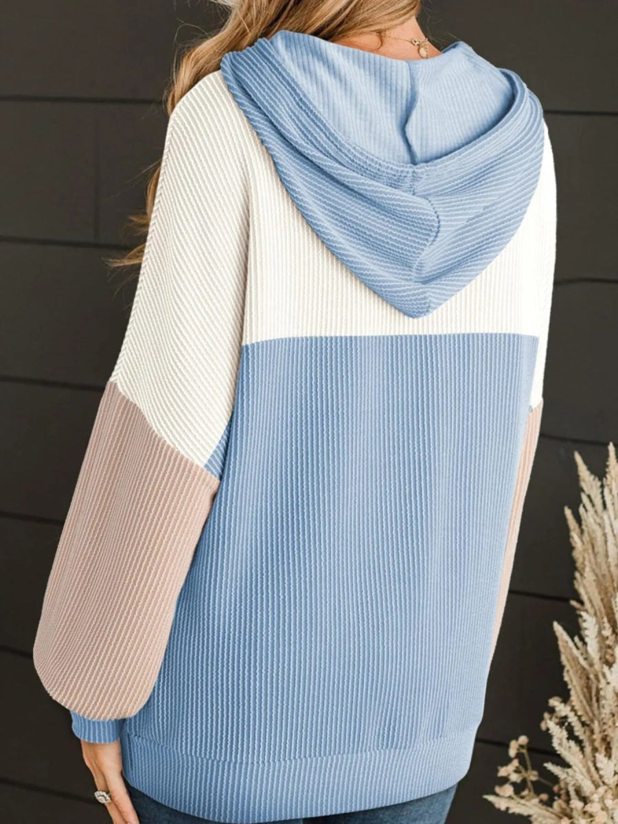 Drawstring Color Block Long Sleeve Hoodie - CELIVINE