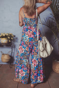 Floral Smocked Spaghetti Straps Wide Leg Jumpsuit - CELIVINE