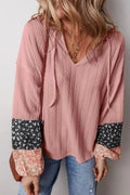 Color Block Tie Neck Long Sleeve Top - CELIVINE