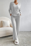 Ribbed V - Neck Top and Pants Lounge Set - CELIVINE