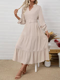 Tiered Notched Belted Midi Dress - CELIVINE