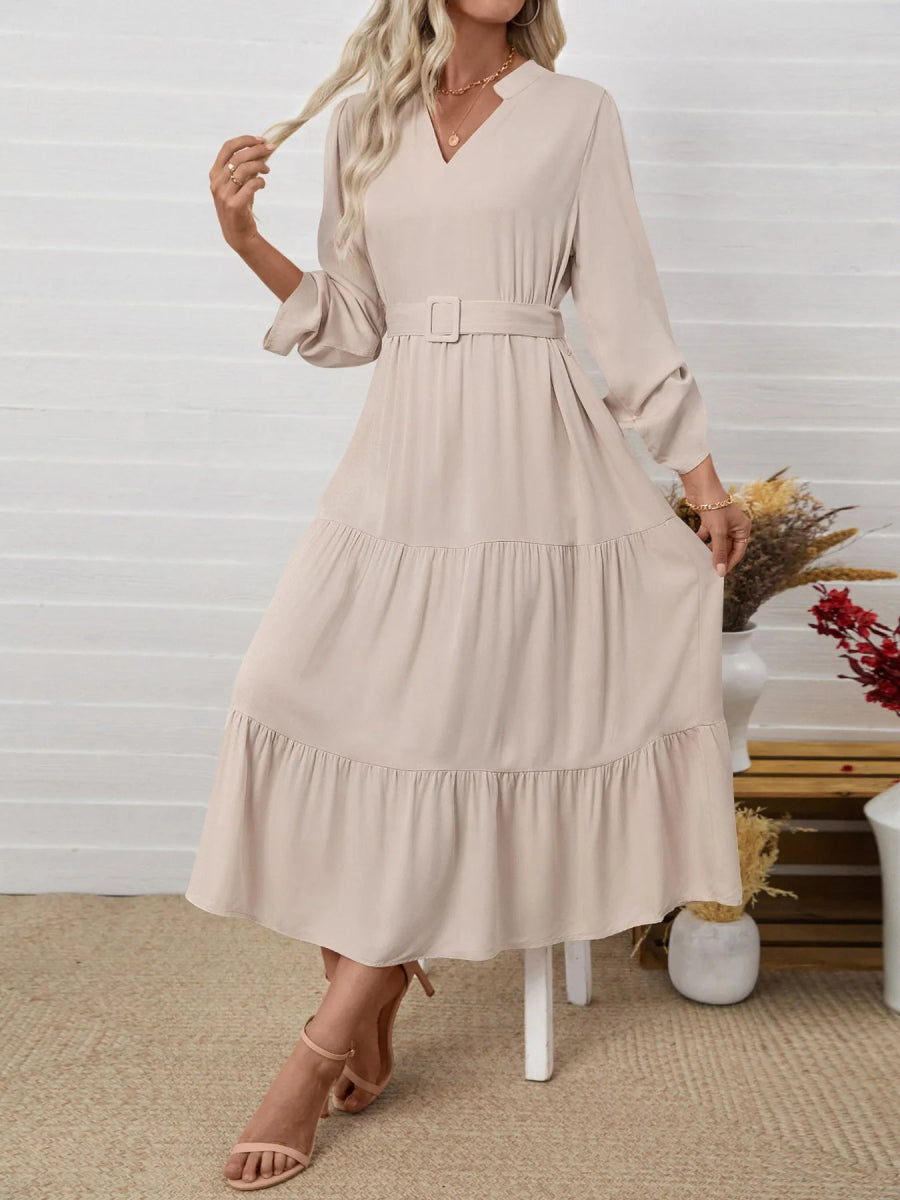 Tiered Notched Belted Midi Dress - CELIVINE