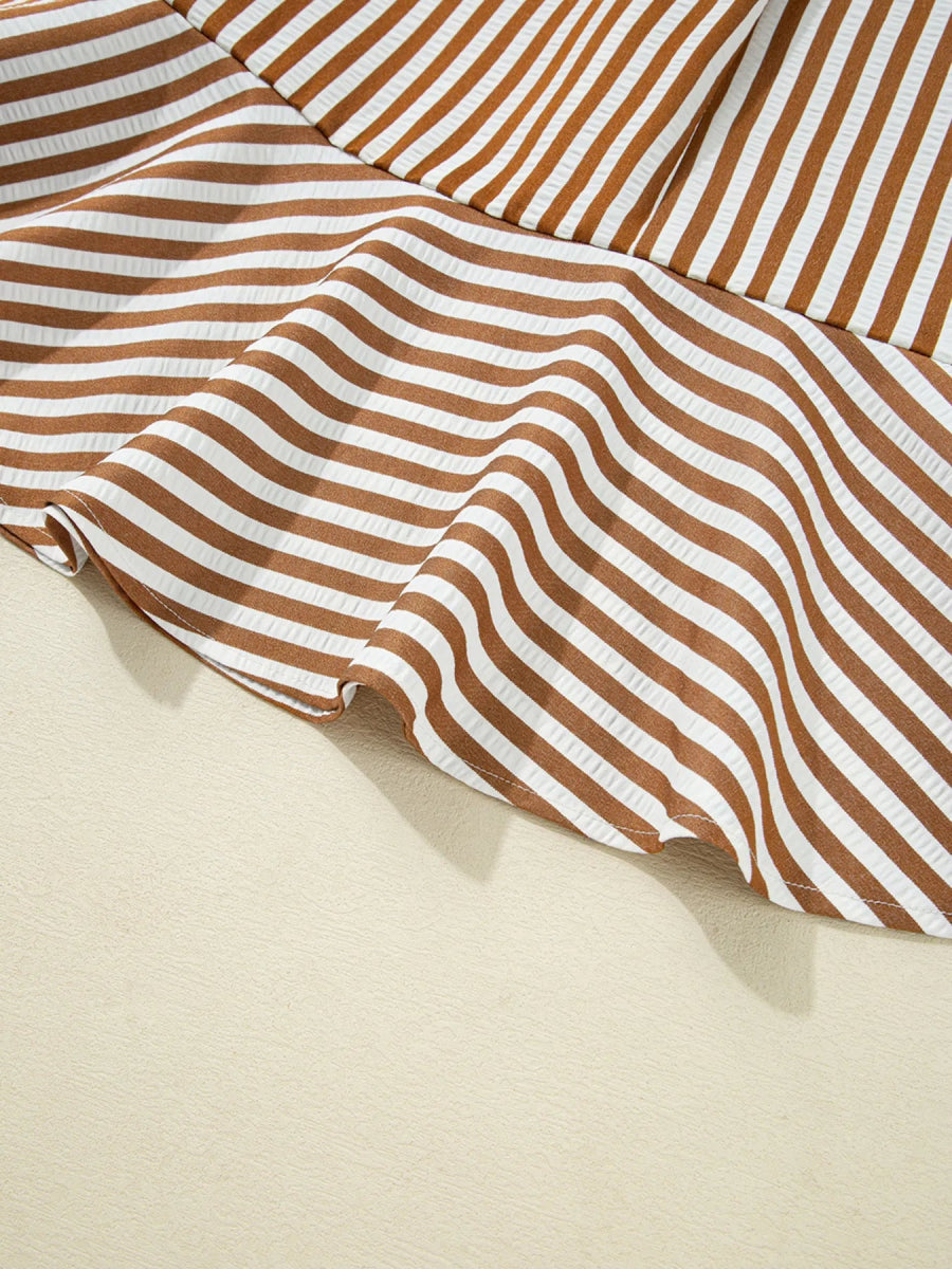 Stripe Ruffled Hem Collared Long Sleeve Shirt Mini Dress - CELIVINE