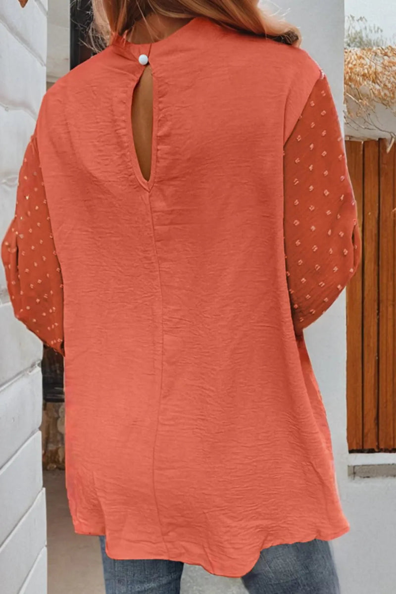Swiss Dot Mock Neck Balloon Sleeve Blouse - CELIVINE
