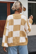 Checkered Exposed Seam Drooped Shoulder Sweater - CELIVINE