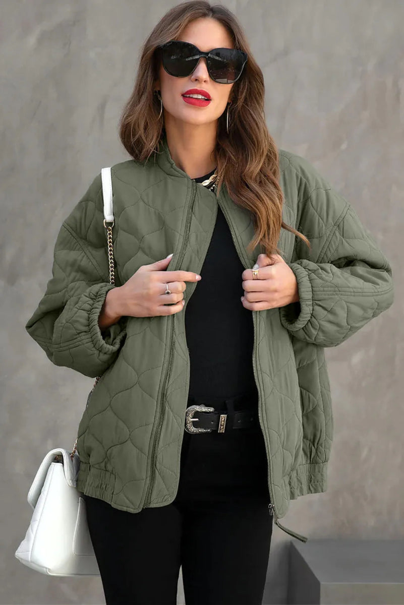 Zip Up Drop Shoulder Long Sleeve Puffer Jacket - CELIVINE