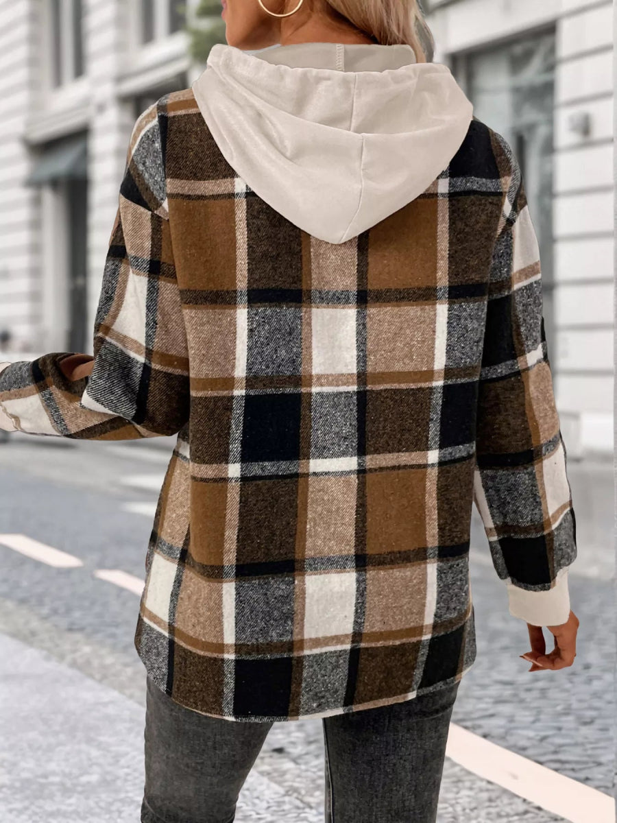 Plaid Drawstring Long Sleeve Hoodie - CELIVINE