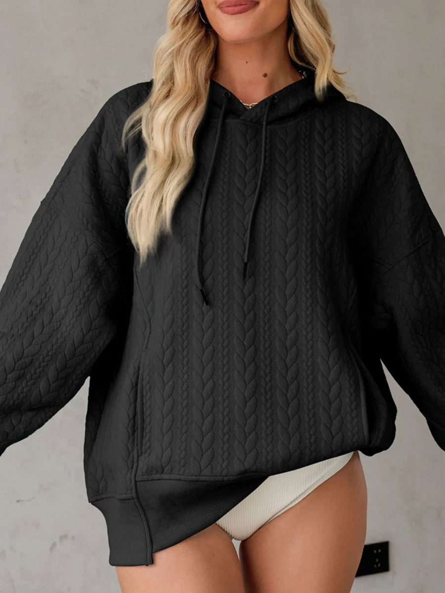 Drawstring Textured Baggy Solid Hoodie - CELIVINE