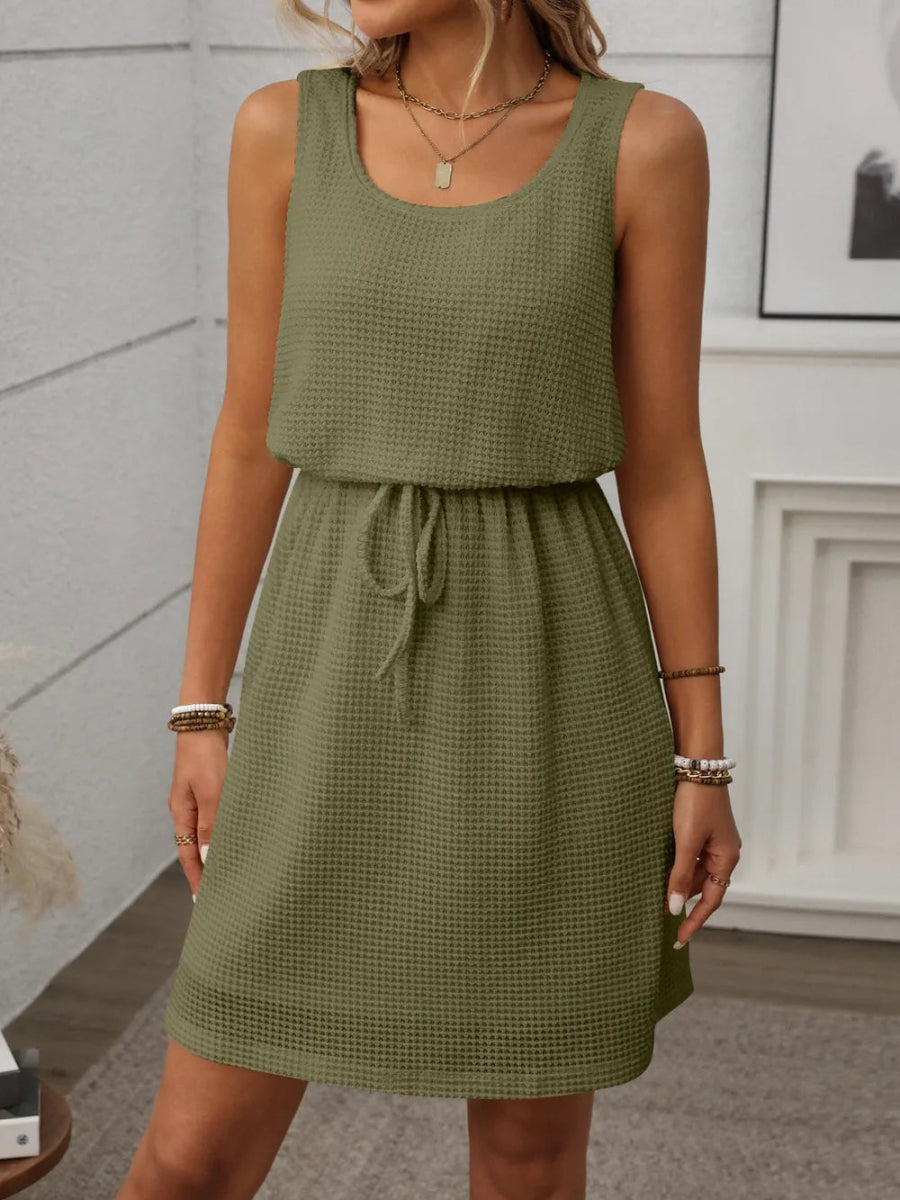 Waffle - Knit Drawstring Mini Tank Dress - CELIVINE