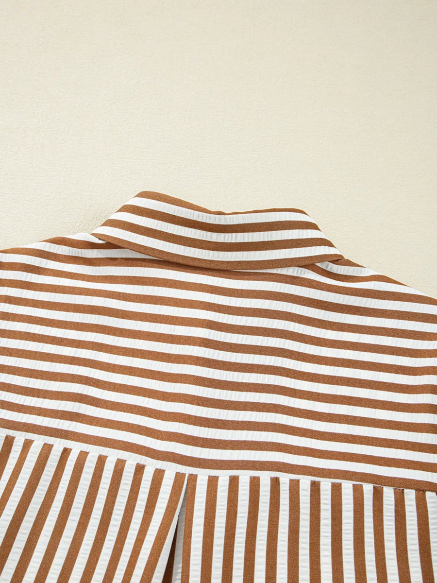 Stripe Ruffled Hem Collared Long Sleeve Shirt Mini Dress - CELIVINE