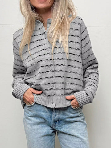 Striped Button Up Cardigan - CELIVINE