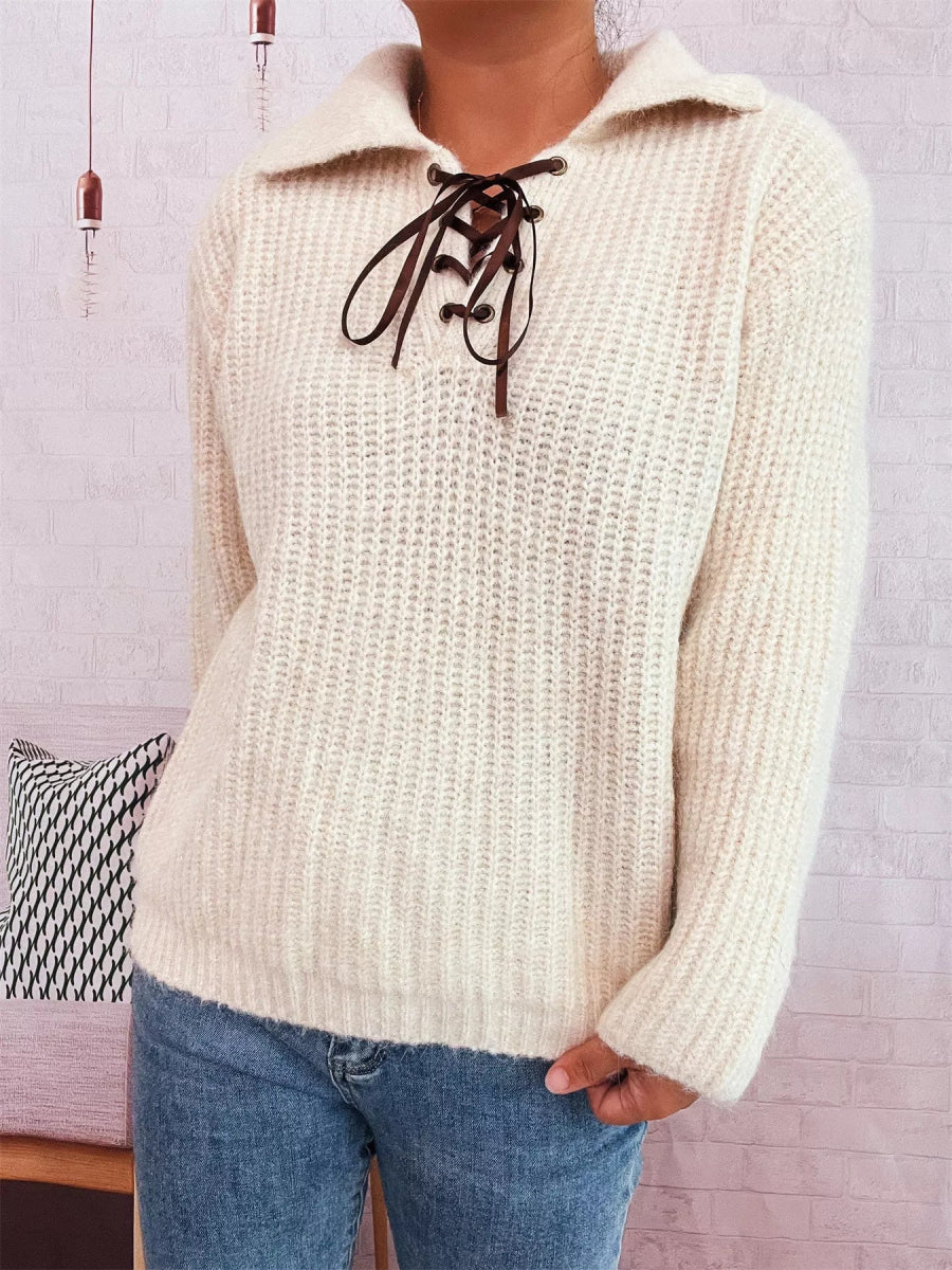 Lace Up Long Sleeve Sweater - CELIVINE