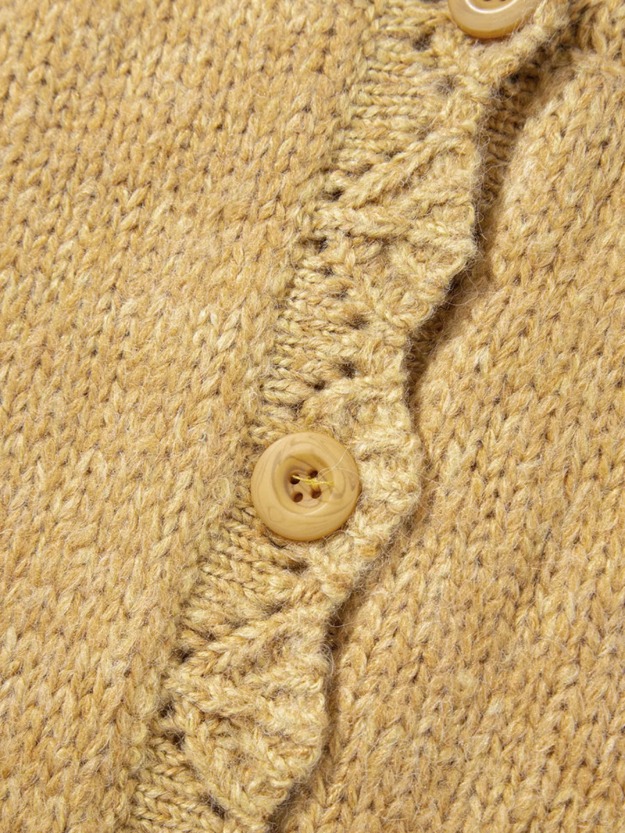 Lantern Sleeve Scallop V Neck Buttoned Front Cardigan - CELIVINE