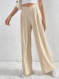V - Waisted Ruched Front Wide Leg Pants - CELIVINE