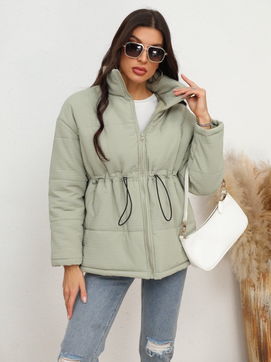 Drawstring Waist Zip - Up Puffer Jacket - CELIVINE
