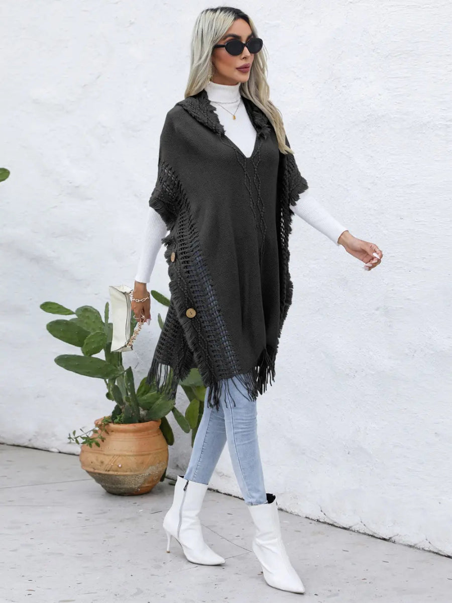 Fringe Trim Buttoned Hooded Poncho - CELIVINE