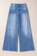 Raw Hem Wide Leg Jeans with Pockets - CELIVINE