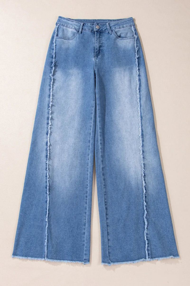 Raw Hem Wide Leg Jeans with Pockets - CELIVINE