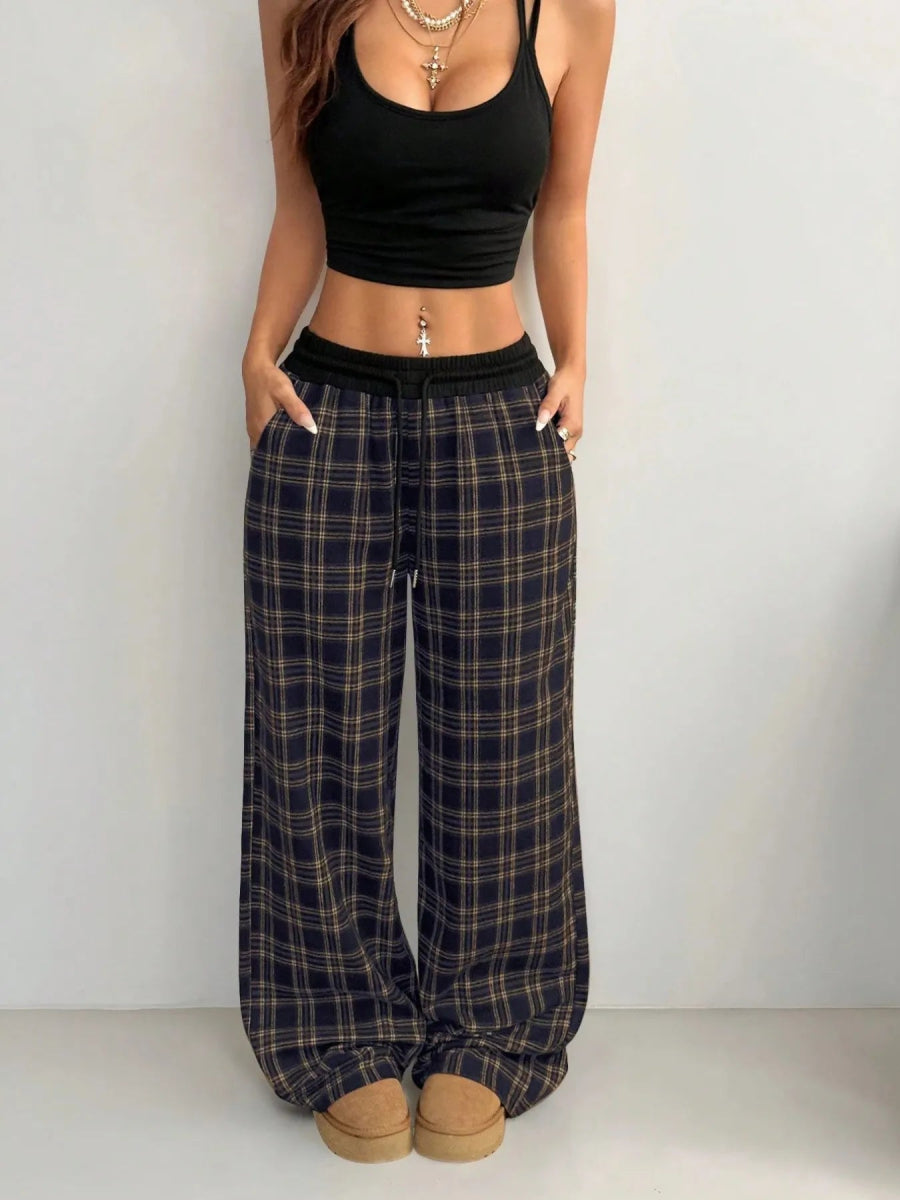 Plaid Wide Leg Pants with Drawstring Waist - CELIVINE