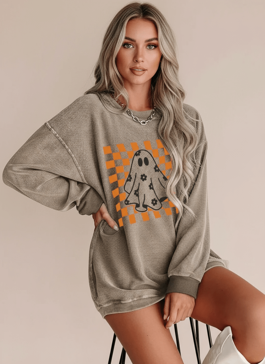 Halloween Checkerboard Floral Ghost Graphic Corded Sweatshirt - CELIVINE