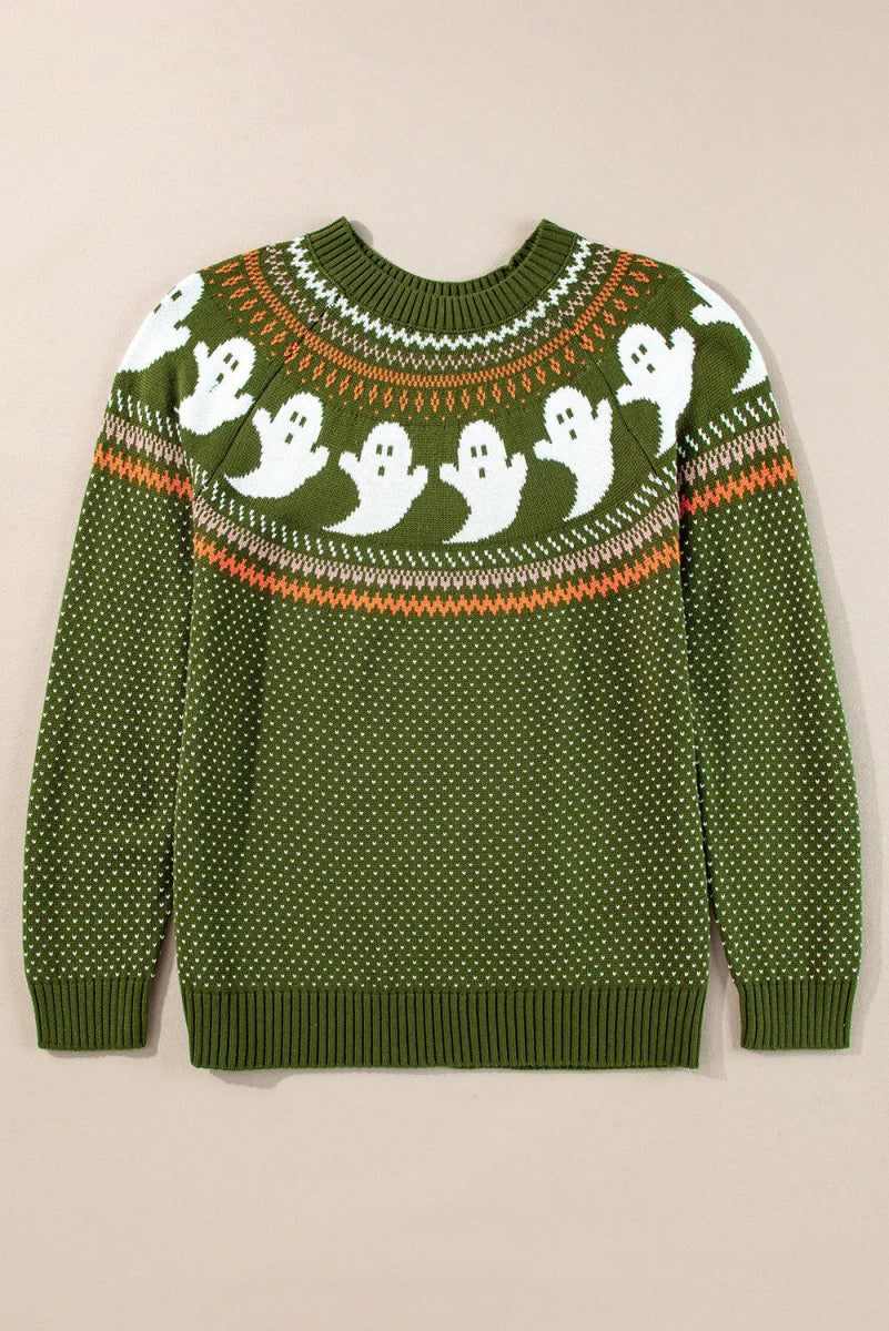 Ghost Round Neck Long Sleeve Sweater - CELIVINE