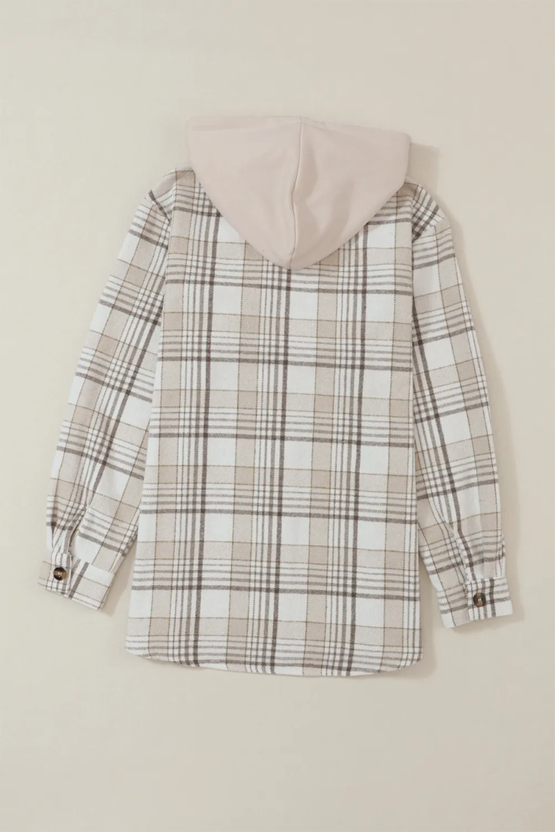 Plaid Removable Hood Button Up Shacket - CELIVINE