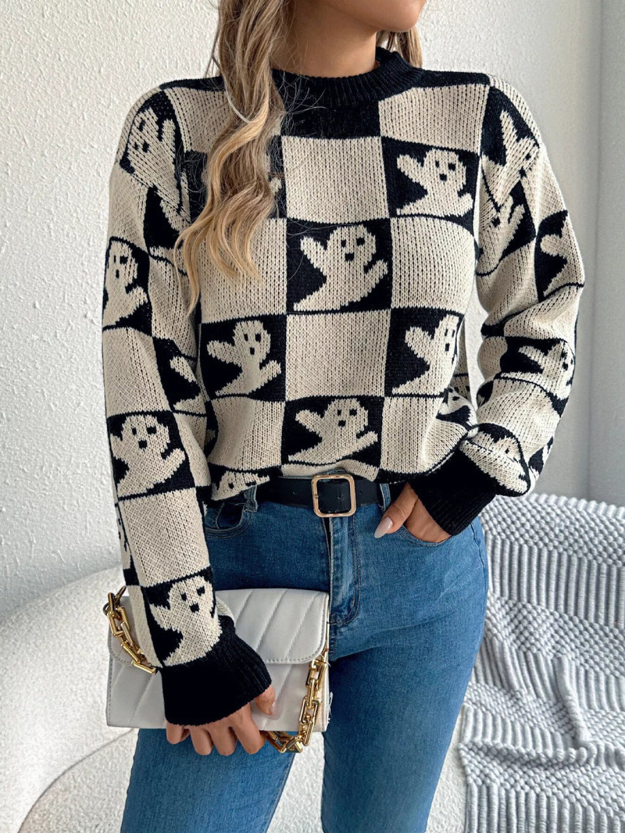 Halloween Ghost Pattern Checkered Round Neck Sweater - CELIVINE