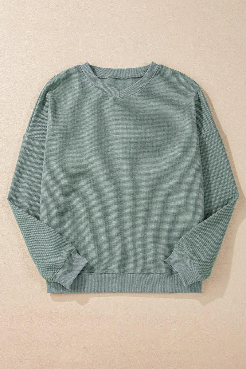 Waffle - Knit Long Sleeve Dropped Shoulder Top - CELIVINE
