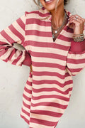 Contrast Striped Johnny Collar Long Sleeve Mini Dress - CELIVINE