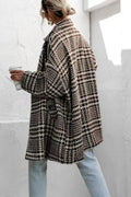 Houndstooth Collared Neck Long Sleeve Coat with Pockets - CELIVINE
