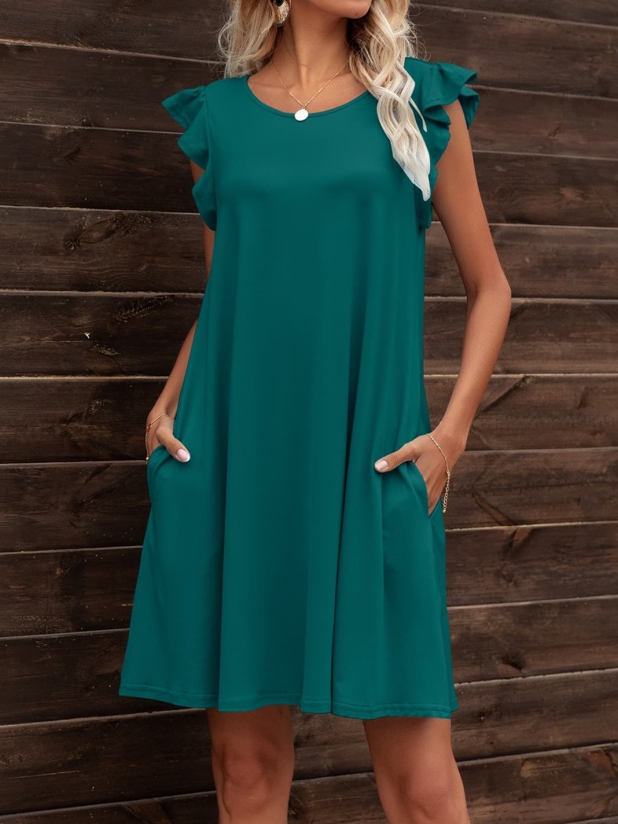 Round Neck Flutter Sleeve Dress with Pockets - CELIVINE